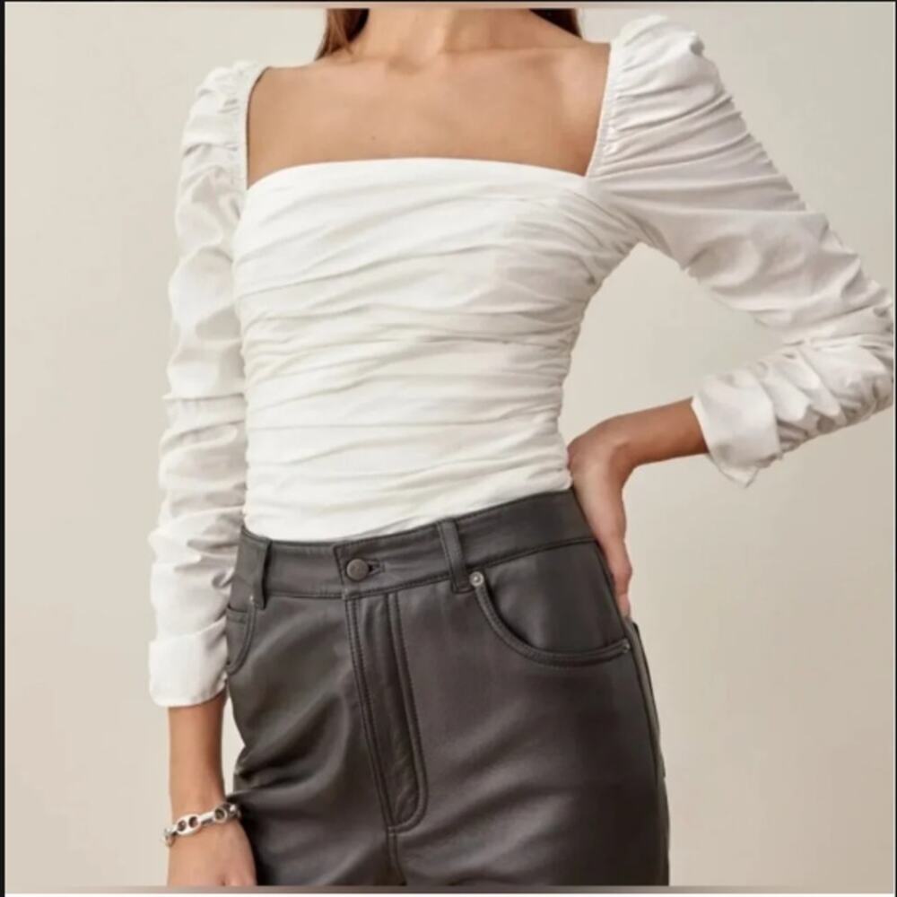 Reformation Joi Top Ruched  White Puff Sleeve Square Neck Sz12 Romantic Coquette